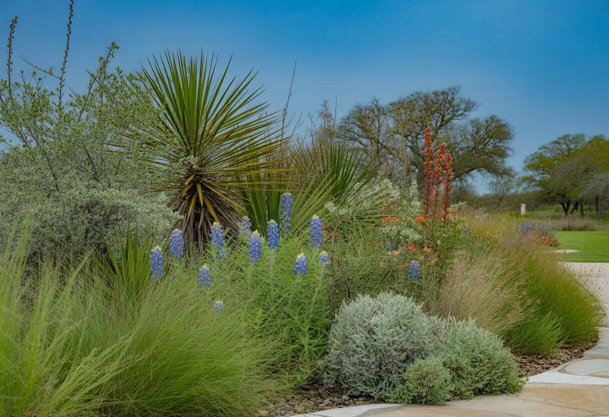 Native Texas Plants for Landscaping: Best Choices for a Drought-Resistant Yard 2 A landscaped garden with native Texas plants including bluebonnets, Indian paintbrushes, Texas sage, and yucca along a stone pathway under a clear blue sky.