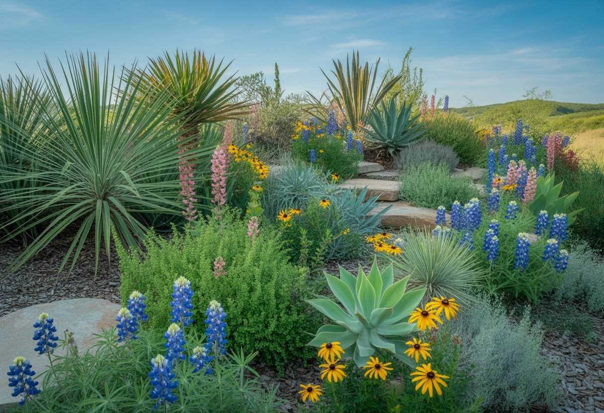 Native Texas Plants for Landscaping: Best Choices for a Drought-Resistant Yard 3 A landscaped garden with a variety of native Texas plants including bluebonnets, Indian paintbrushes, black-eyed Susans, yucca, agave, and Texas sage under a clear blue sky.
