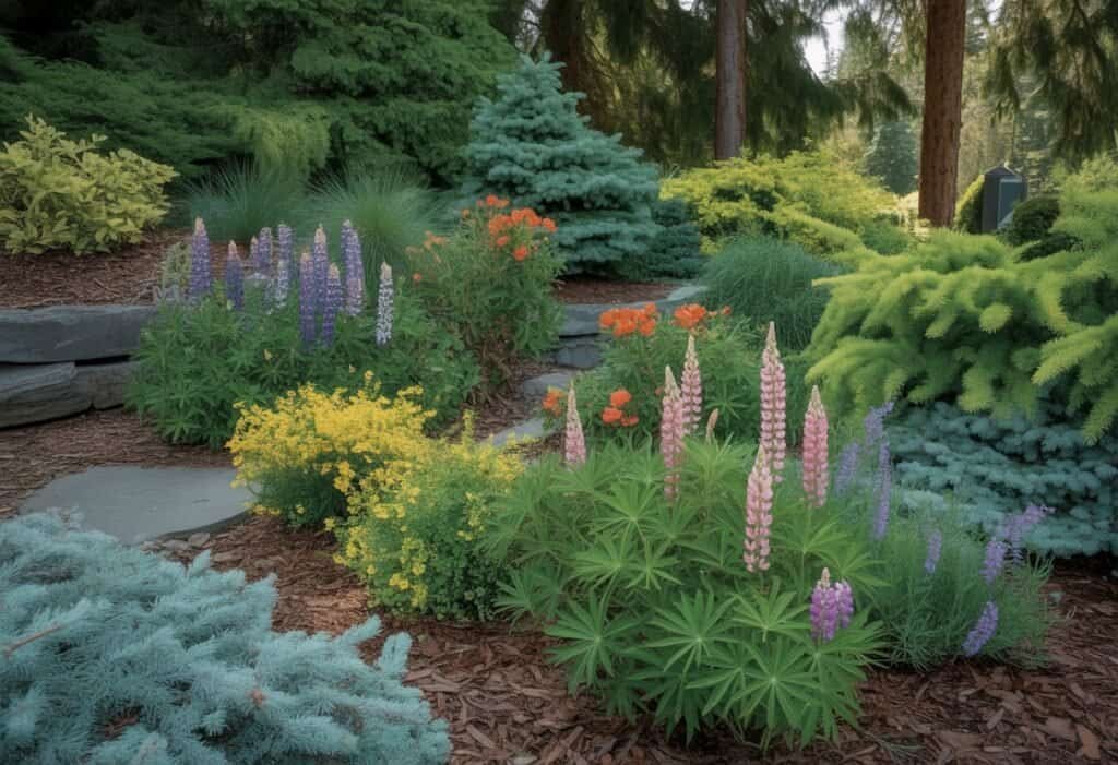 A garden with various Washington native plants including wildflowers, shrubs, and trees surrounding a stone pathway.