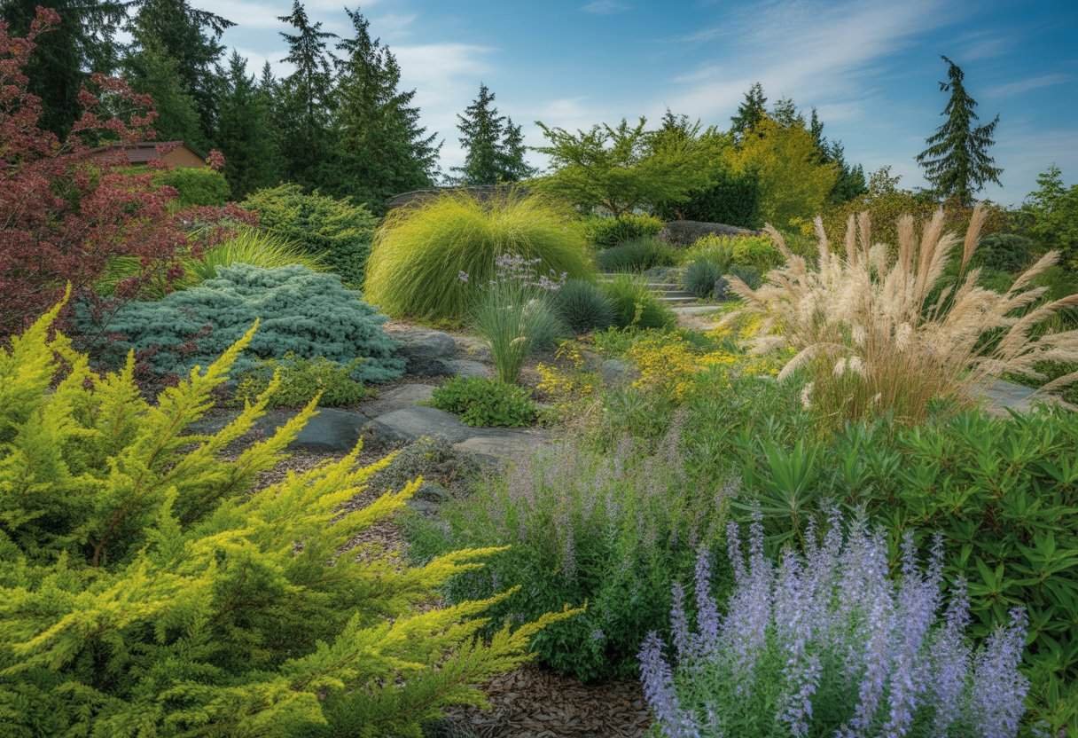 Washington Native Plants for Landscaping: Top Choices for Sustainable Gardens 2 A landscaped garden with various Washington native plants, including shrubs, wildflowers, and grasses, with stone pathways and evergreen trees in the background.