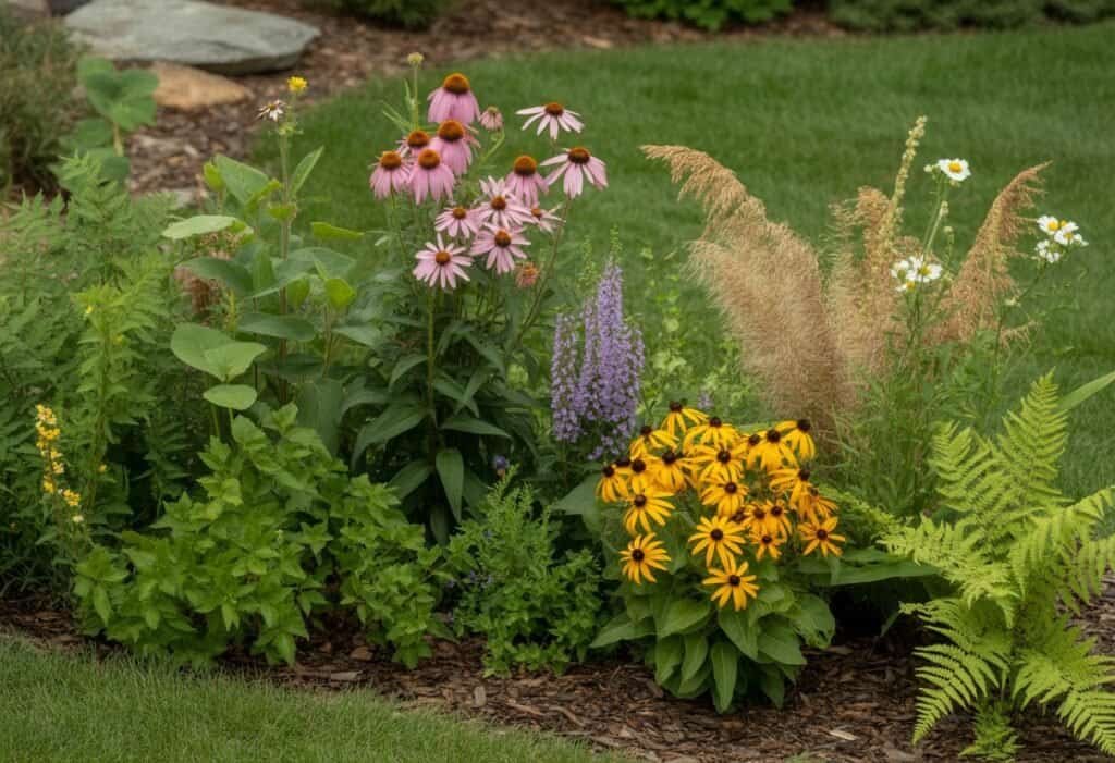 A garden bed filled with various native Virginia plants including wildflowers, grasses, and ferns in a residential landscape.