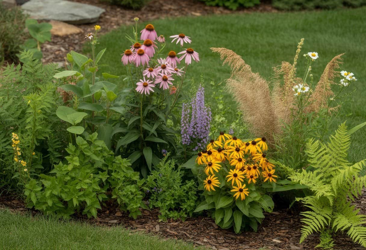 Virginia Native Plants for Landscaping: Top Choices for Sustainable Gardens 1 A garden bed filled with various native Virginia plants including wildflowers, grasses, and ferns in a residential landscape.