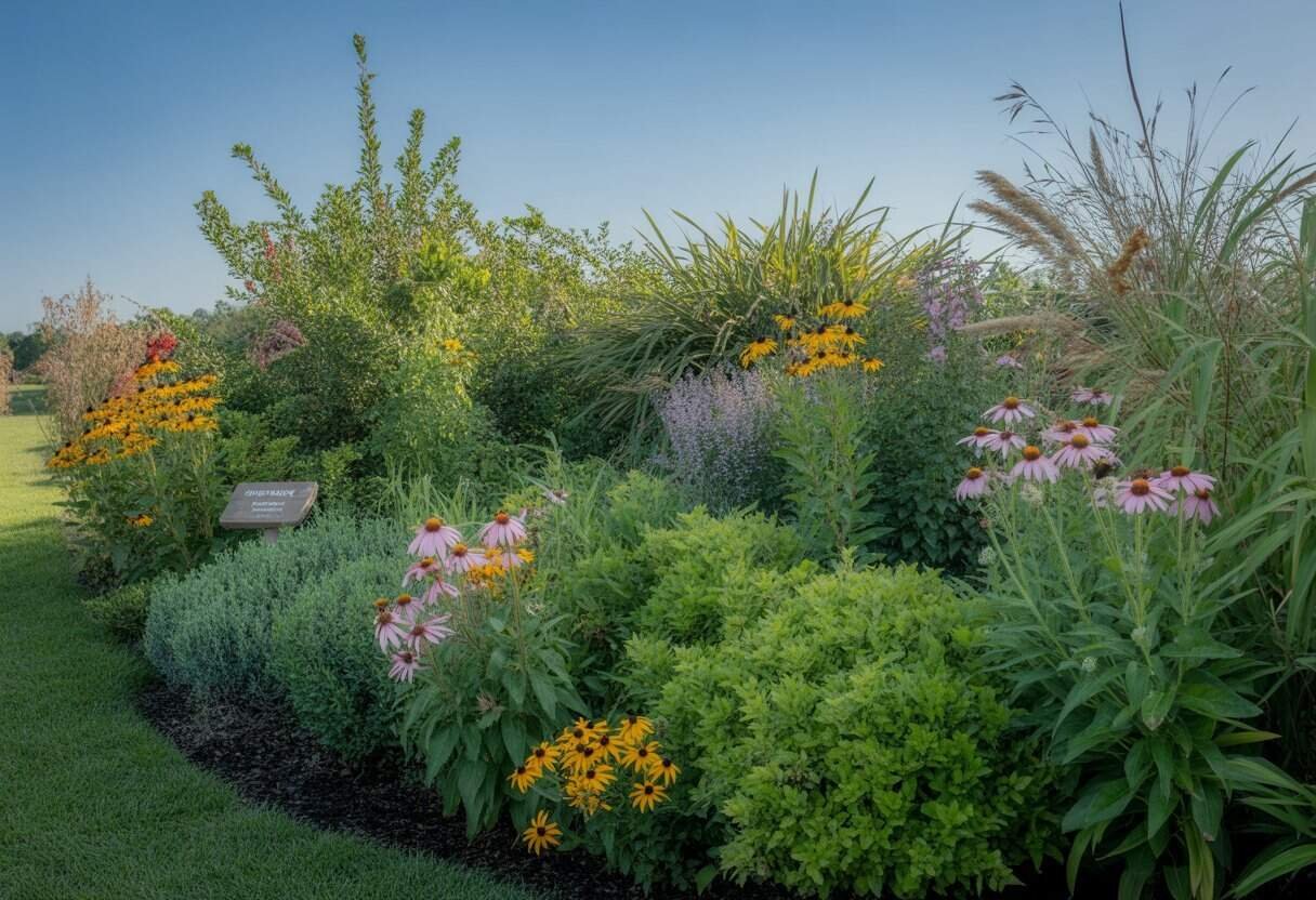Virginia Native Plants for Landscaping: Top Choices for Sustainable Gardens 2 A garden landscape filled with various flowering Virginia native plants and greenery under natural sunlight.