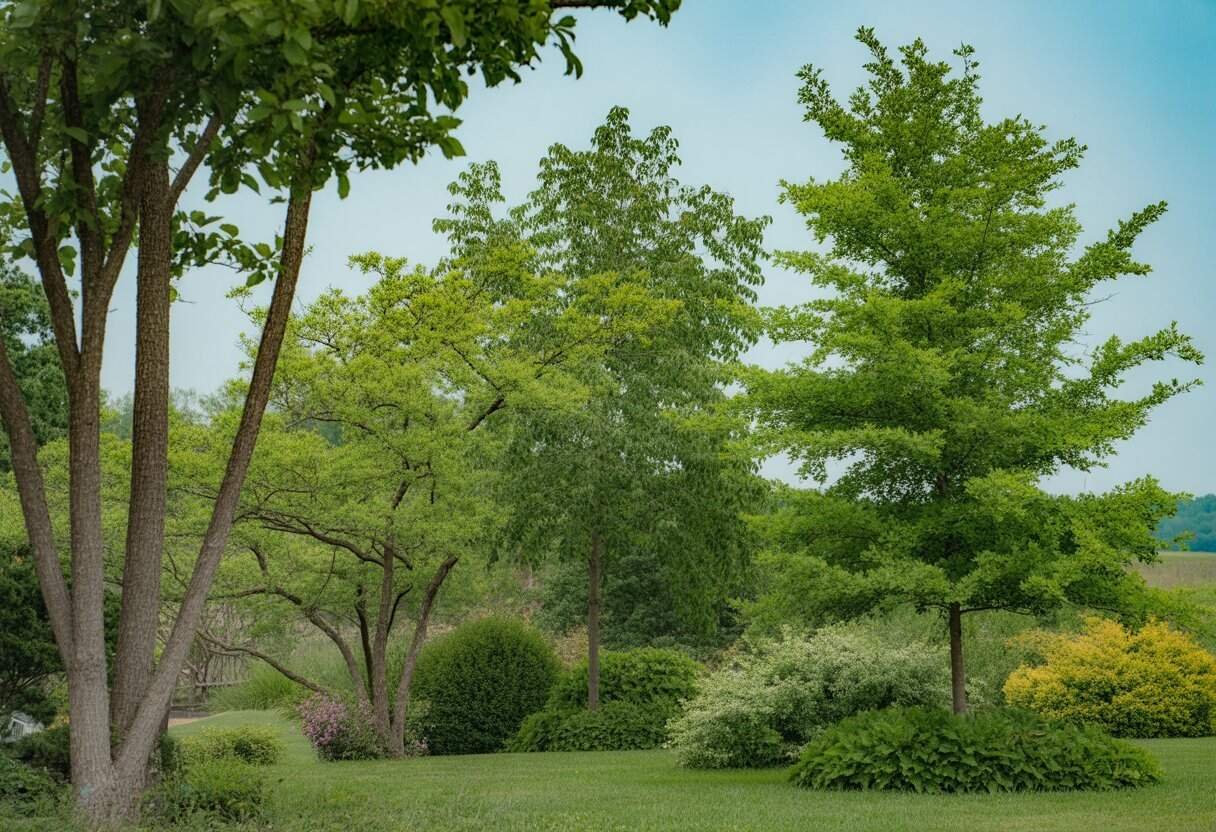 Virginia Native Plants for Landscaping: Top Choices for Sustainable Gardens 3 A garden with various native Virginia trees including oak, dogwood, and redbud surrounded by shrubs and grass under a clear sky.