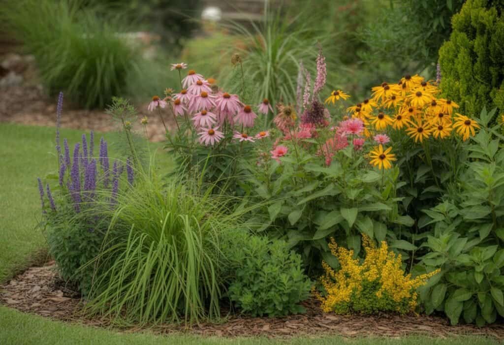 A garden bed filled with various native Alabama plants including purple coneflowers, black-eyed Susans, coral honeysuckle, and grasses in a landscaped outdoor setting.