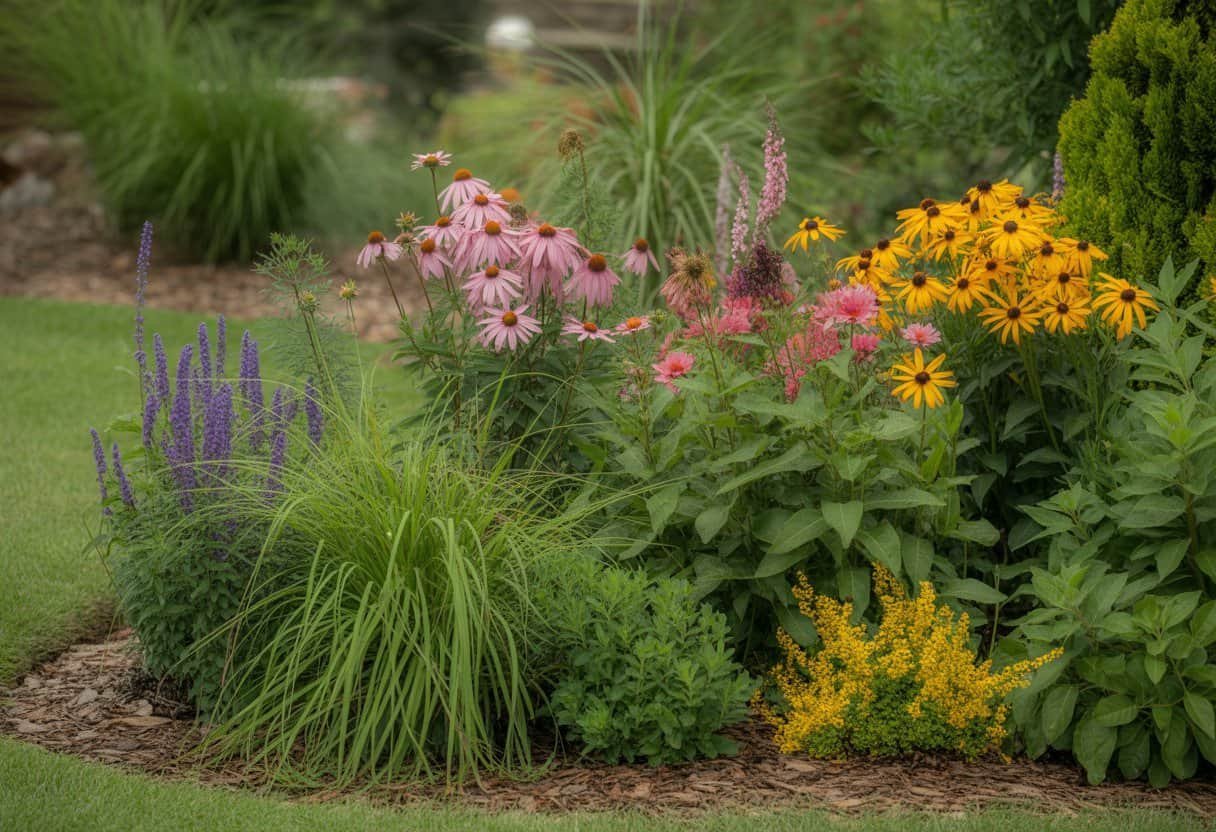 Native Alabama Plants for Landscaping: Best Species for Your Garden 1 A garden bed filled with various native Alabama plants including purple coneflowers, black-eyed Susans, coral honeysuckle, and grasses in a landscaped outdoor setting.