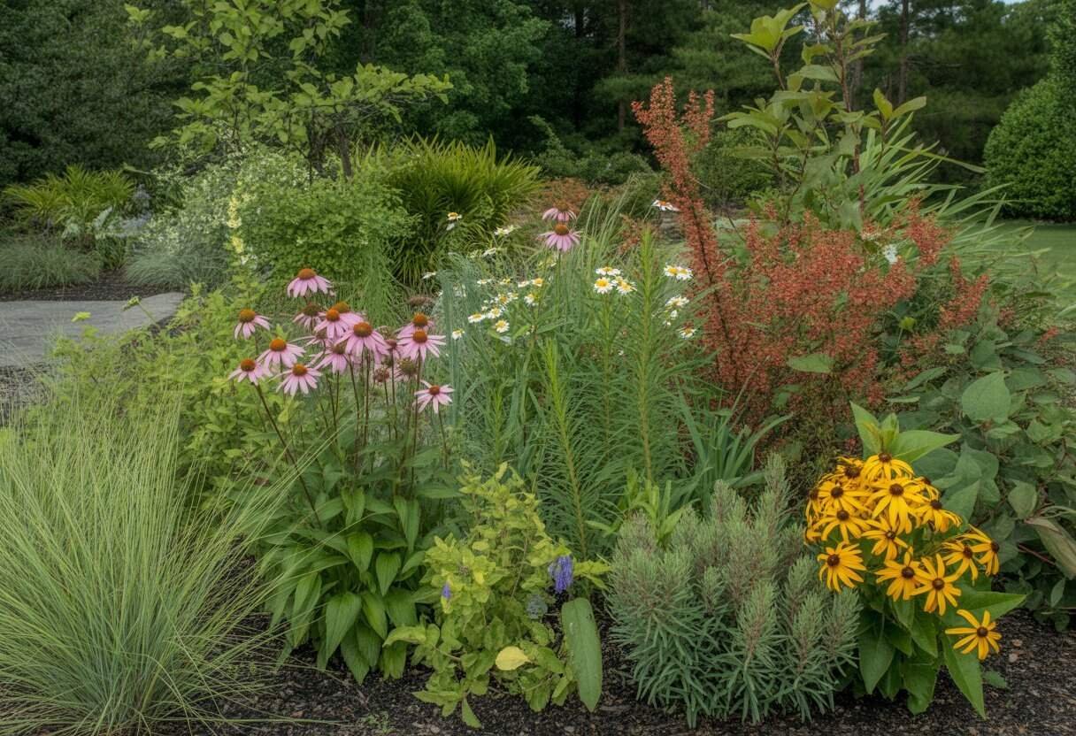 Native Alabama Plants for Landscaping: Best Species for Your Garden 2 A garden with various native Alabama plants including blooming flowers and green shrubs under natural sunlight.