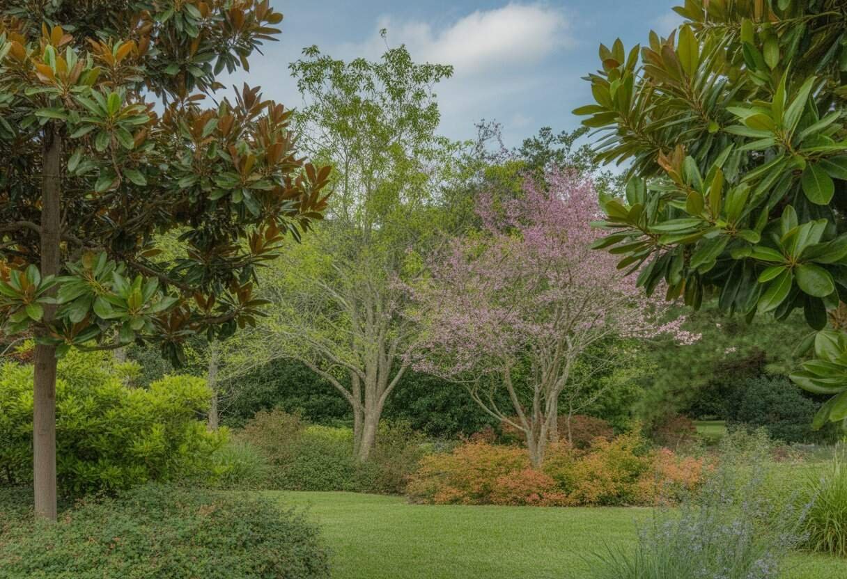 Native Alabama Plants for Landscaping: Best Species for Your Garden 3 A garden with several native Alabama trees and plants, including magnolia and dogwood, under a clear sky.
