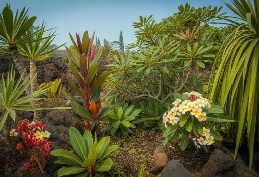 A landscaped garden with various native Hawaiian plants including ti plants, hala tree leaves, plumeria flowers, and ʻōhiʻa lehua blossoms under a clear blue sky.