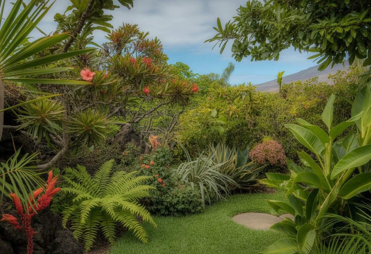 Native Hawaiian Plants for Landscaping: A Guide to Sustainable Island Beauty 2 A lush Hawaiian garden with native plants including ʻōhiʻa lehua trees, ferns, and hibiscus flowers along a stone pathway under a clear sky with mountains in the background.