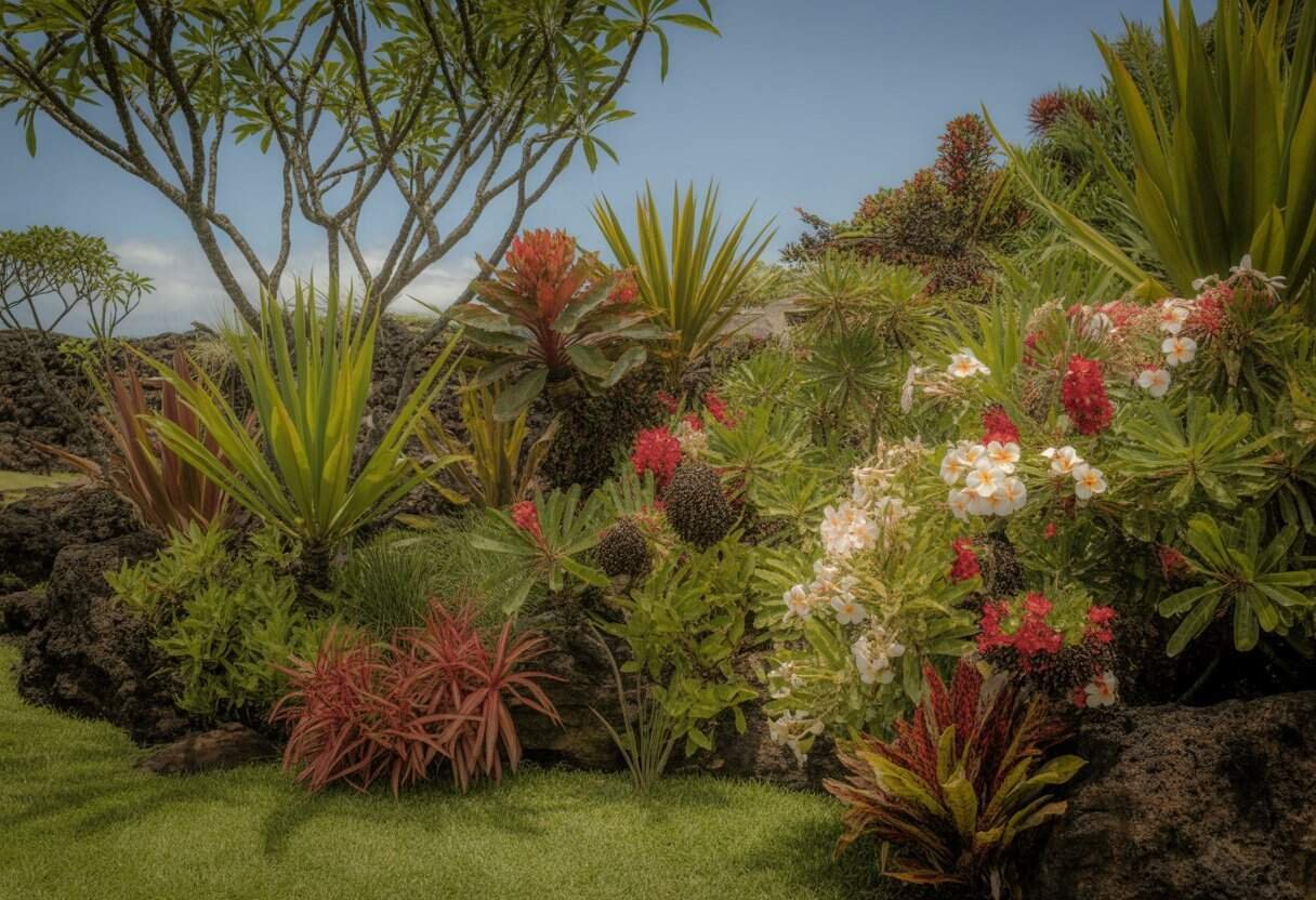 Native Hawaiian Plants for Landscaping: A Guide to Sustainable Island Beauty 3 A lush Hawaiian garden featuring native plants like ti plants, hala trees, ʻōhiʻa lehua flowers, and plumeria under a clear blue sky.