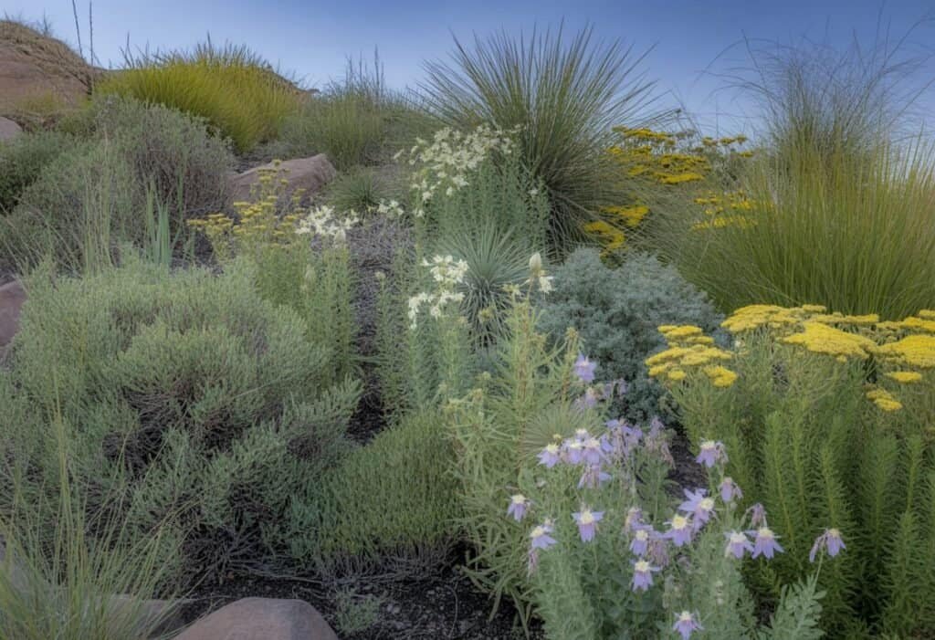 A garden landscape featuring native Colorado plants including wildflowers, grasses, and shrubs under a clear blue sky.