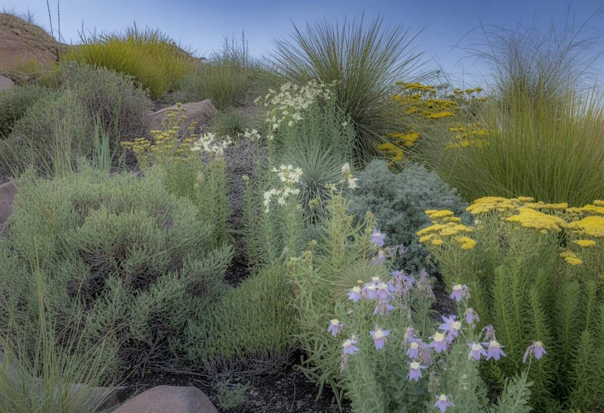 Native Colorado Plants for Landscaping: A Guide to Beautiful, Drought-Resistant Options 1 A garden landscape featuring native Colorado plants including wildflowers, grasses, and shrubs under a clear blue sky.
