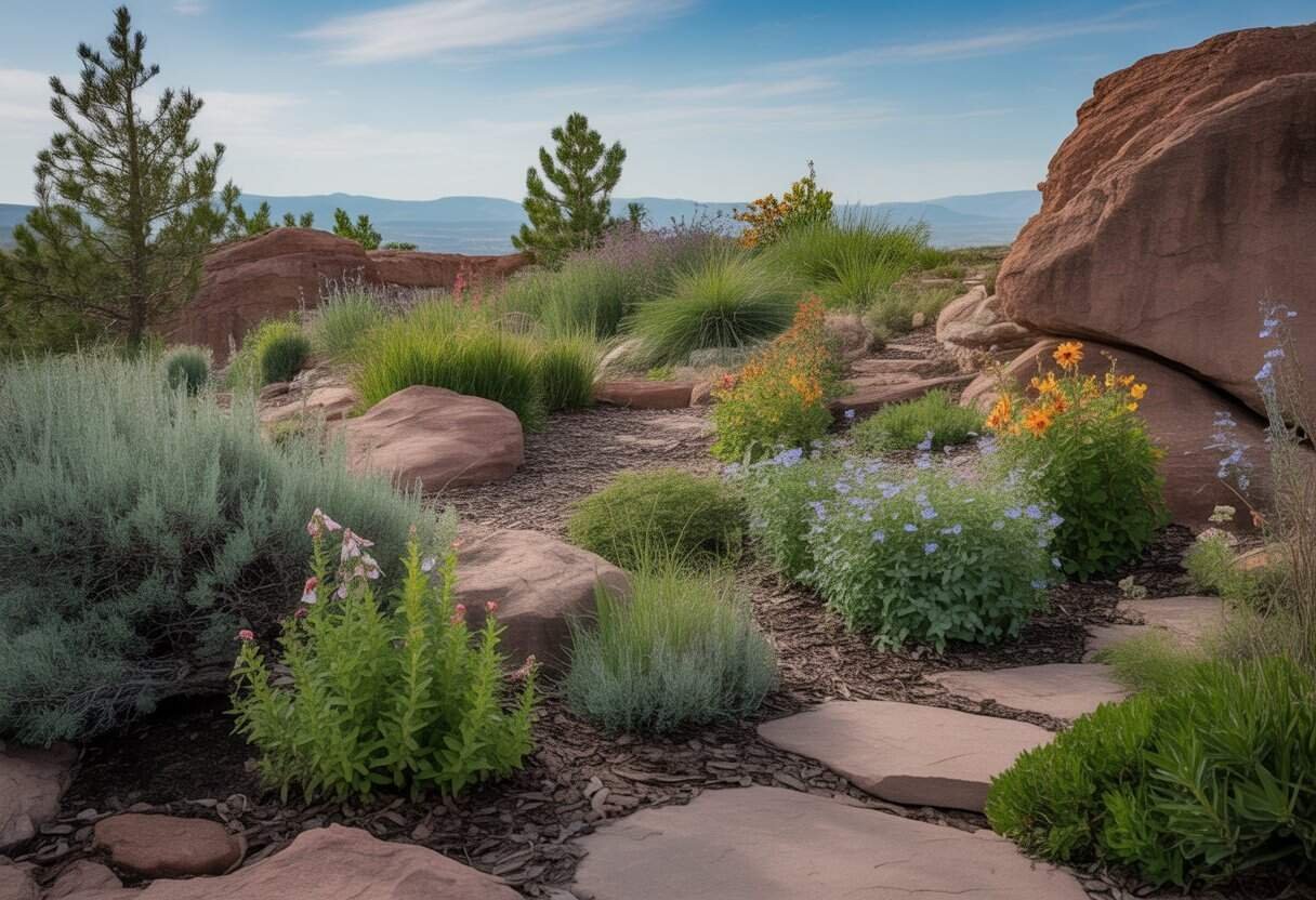 Native Colorado Plants for Landscaping: A Guide to Beautiful, Drought-Resistant Options 2 A landscaped garden with native Colorado plants, rocks, wildflowers, and a stone pathway with mountains in the background.