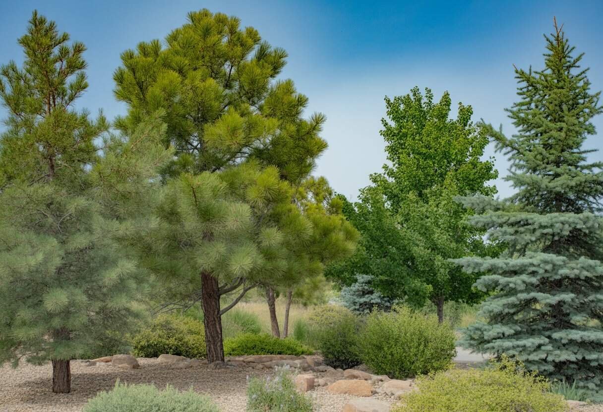 Native Colorado Plants for Landscaping: A Guide to Beautiful, Drought-Resistant Options 3 A variety of native Colorado trees including pine, aspen, juniper, and oak growing in a landscaped outdoor area with green foliage and clear blue sky.