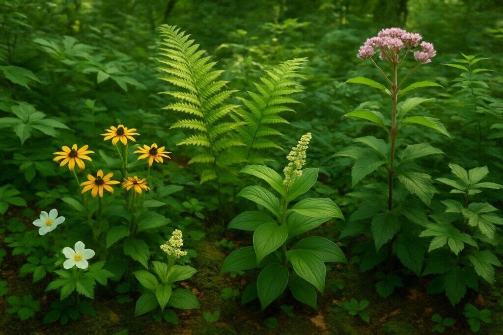 A variety of native plants and wildflowers growing naturally in a sunlit forest setting.
