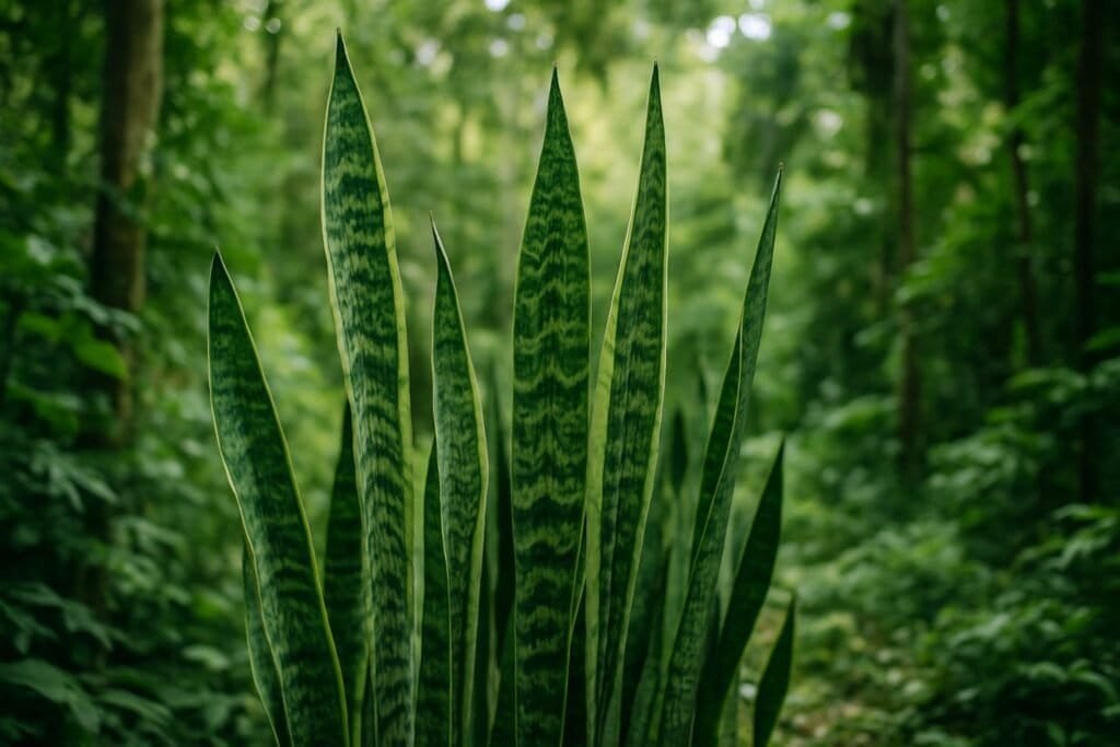 A group of tall snake plants growing naturally in a dense tropical forest with sunlight filtering through the trees.