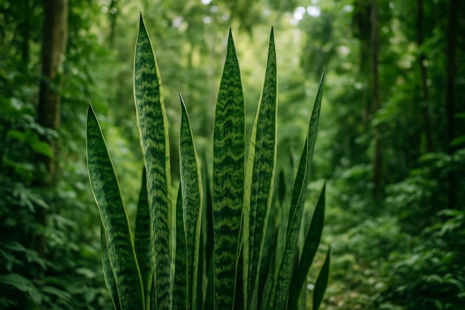 Where Are Snake Plants Native To: Origins and Natural Habitats Explained 1 A group of tall snake plants growing naturally in a dense tropical forest with sunlight filtering through the trees.