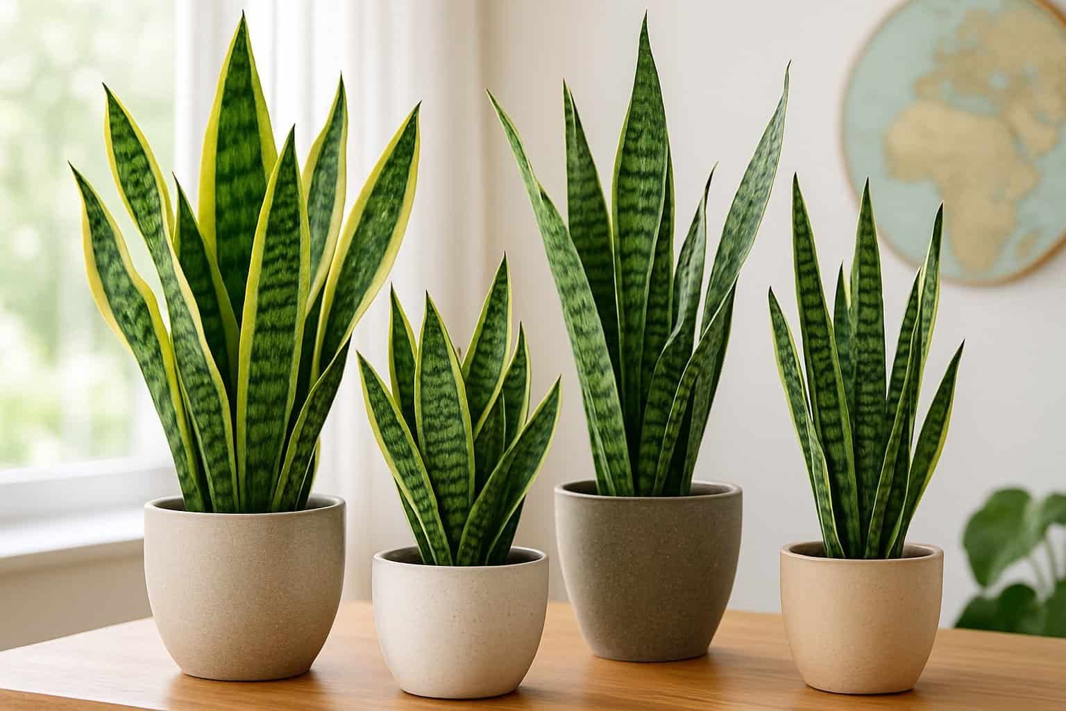 Where Are Snake Plants Native To: Origins and Natural Habitats Explained 2 Several snake plants with long green leaves in pots arranged near a window on a wooden surface.