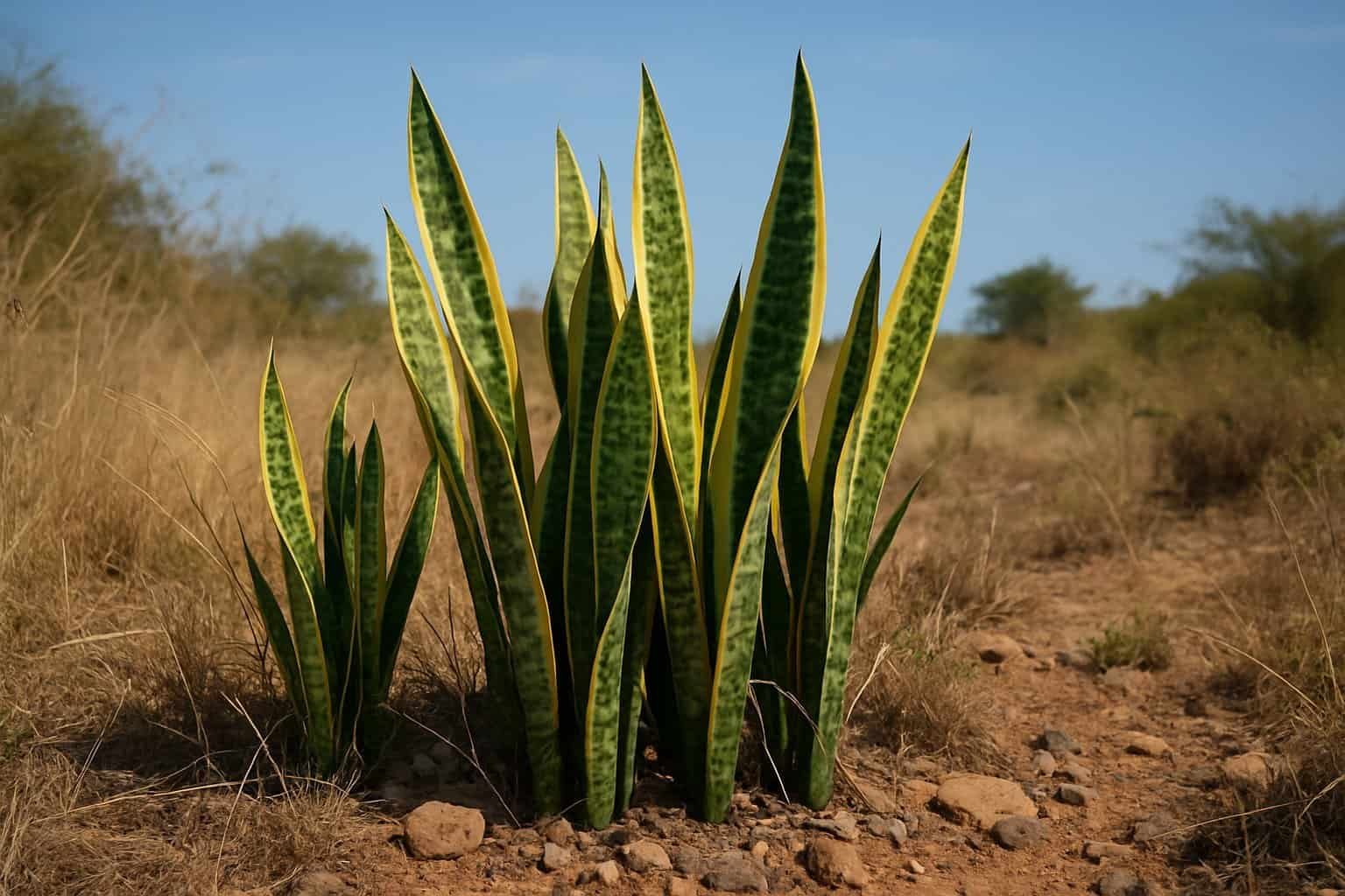 Where Are Snake Plants Native To: Origins and Natural Habitats Explained 3 Snake plants growing naturally in a rocky, semi-arid landscape with dry grasses and shrubs under a clear blue sky.