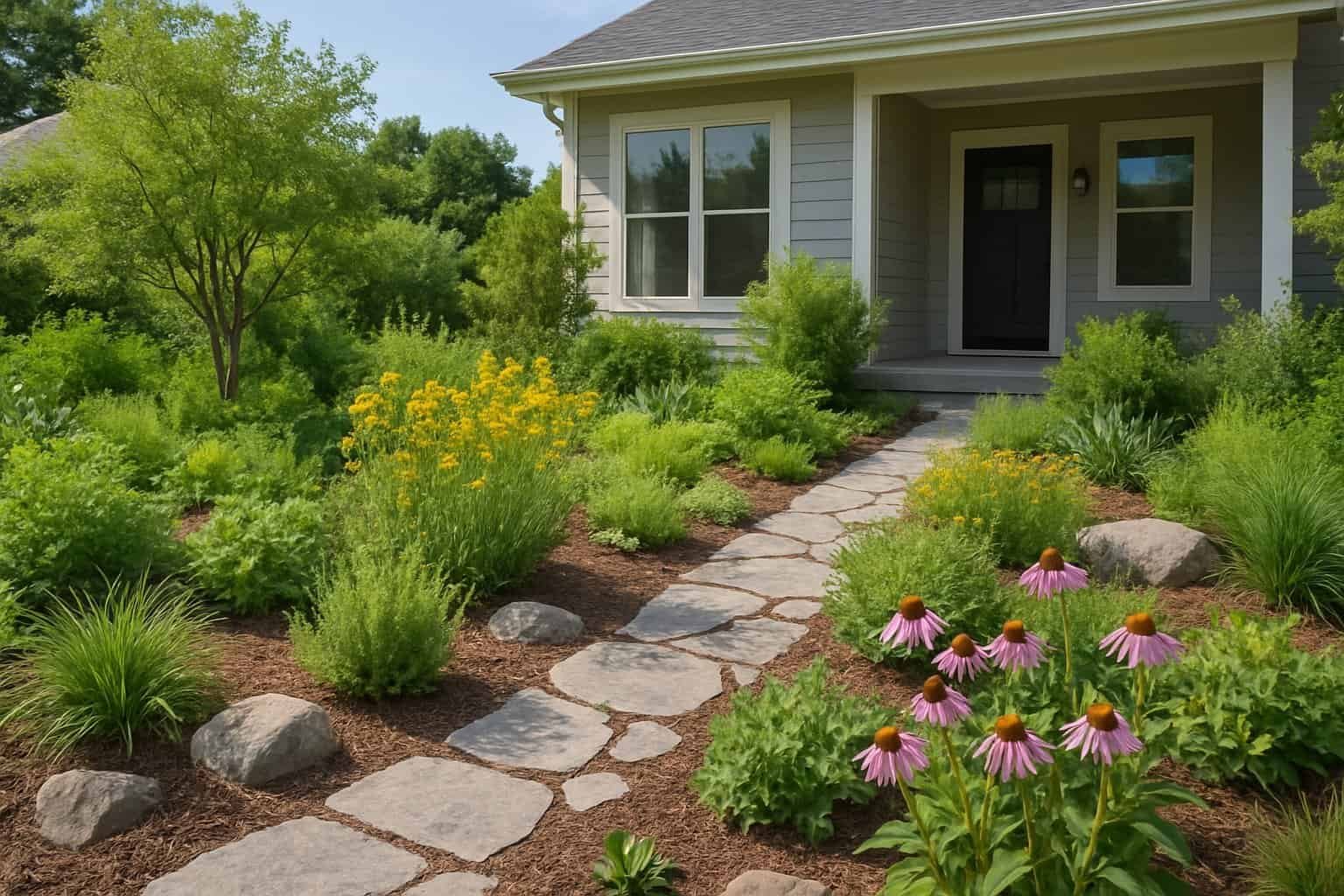 Front Yard Native Plant Garden Design: Essential Tips for a Sustainable Landscape 1 Front yard with a native plant garden featuring various green plants, shrubs, and flowers arranged along a stone pathway leading to a house.