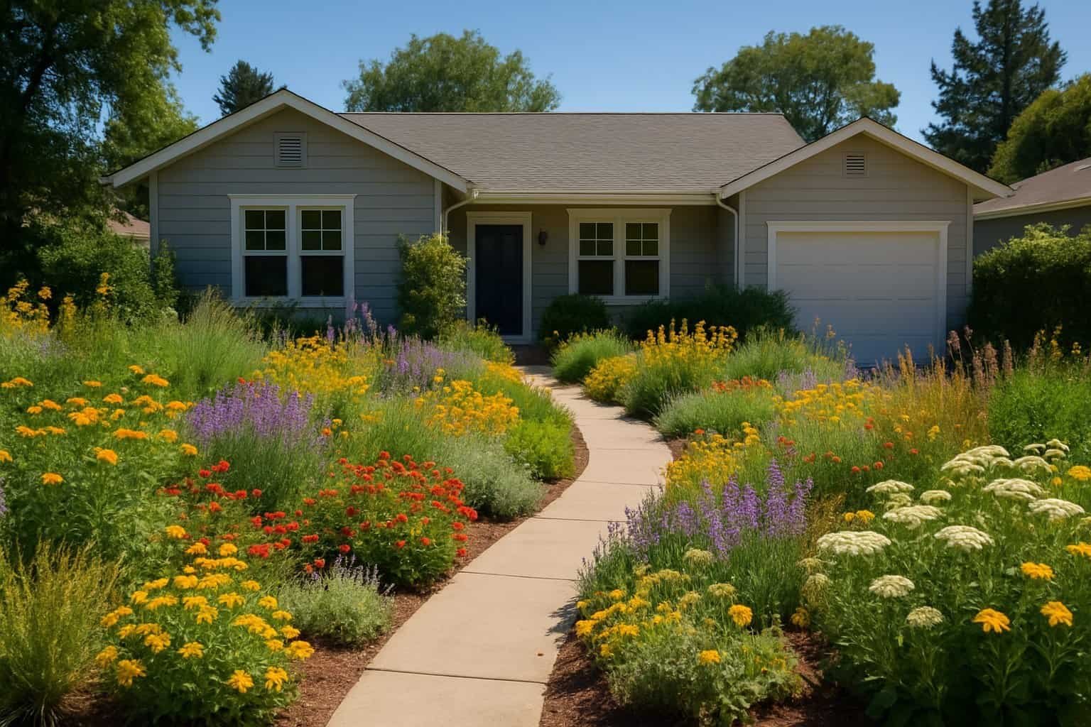 Front Yard Native Plant Garden Design: Essential Tips for a Sustainable Landscape 2 A front yard with a diverse native plant garden featuring colorful flowers, grasses, and shrubs surrounding a pathway leading to a house.