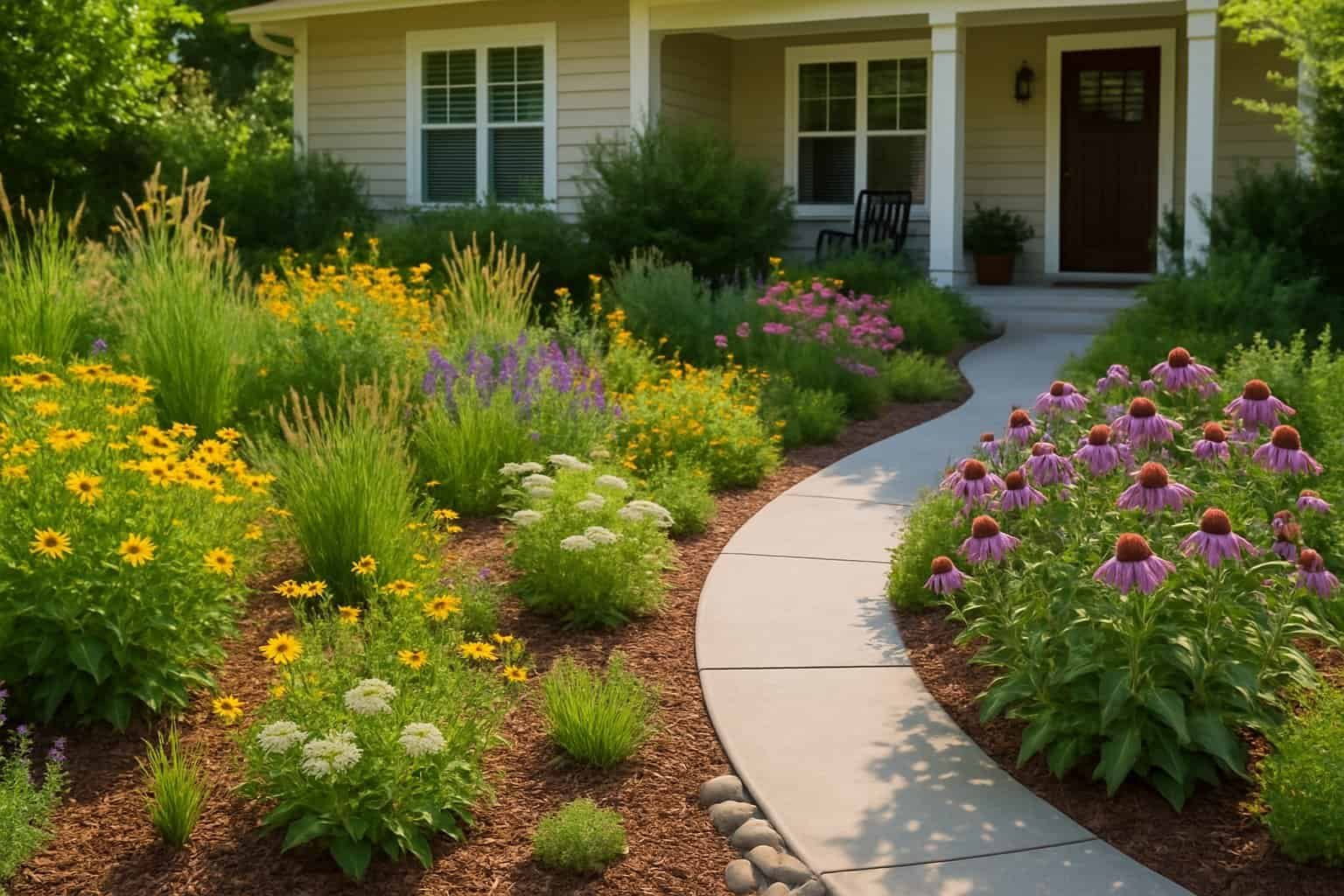 Front Yard Native Plant Garden Design: Essential Tips for a Sustainable Landscape 3 A front yard with a diverse native plant garden featuring colorful flowers and green shrubs along a pathway leading to a house.