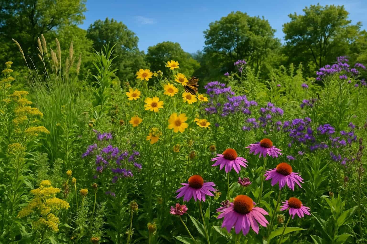Benefits of Native Plants: Enhancing Biodiversity and Sustainable Landscaping 1 A sunlit garden filled with colorful native plants, wildflowers, bees, and butterflies in a natural outdoor setting.