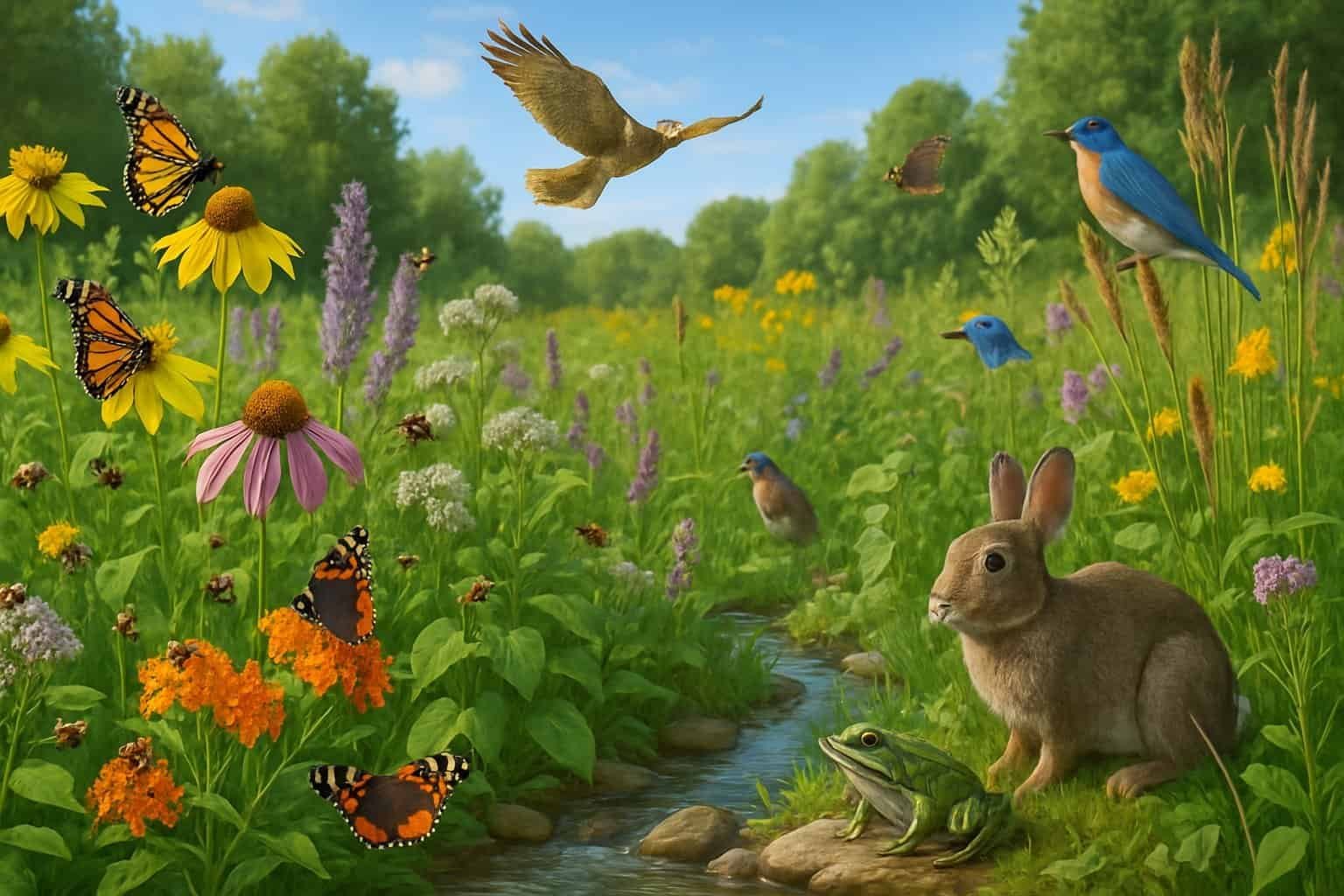 Benefits of Native Plants: Enhancing Biodiversity and Sustainable Landscaping 2 A meadow with native plants surrounded by butterflies, bees, birds, small mammals, and a hawk flying above, illustrating a diverse wildlife habitat.