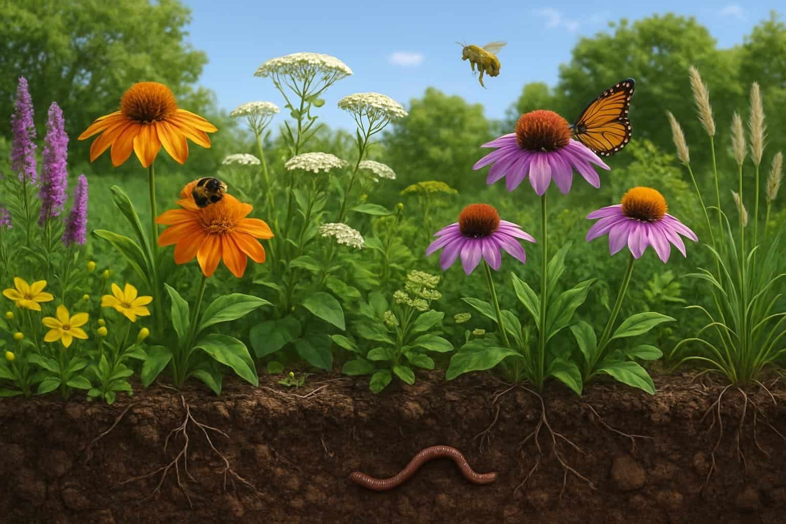 Benefits of Native Plants: Enhancing Biodiversity and Sustainable Landscaping 3 A garden with diverse native plants, flowers, bees, butterflies, and healthy soil under a clear blue sky.