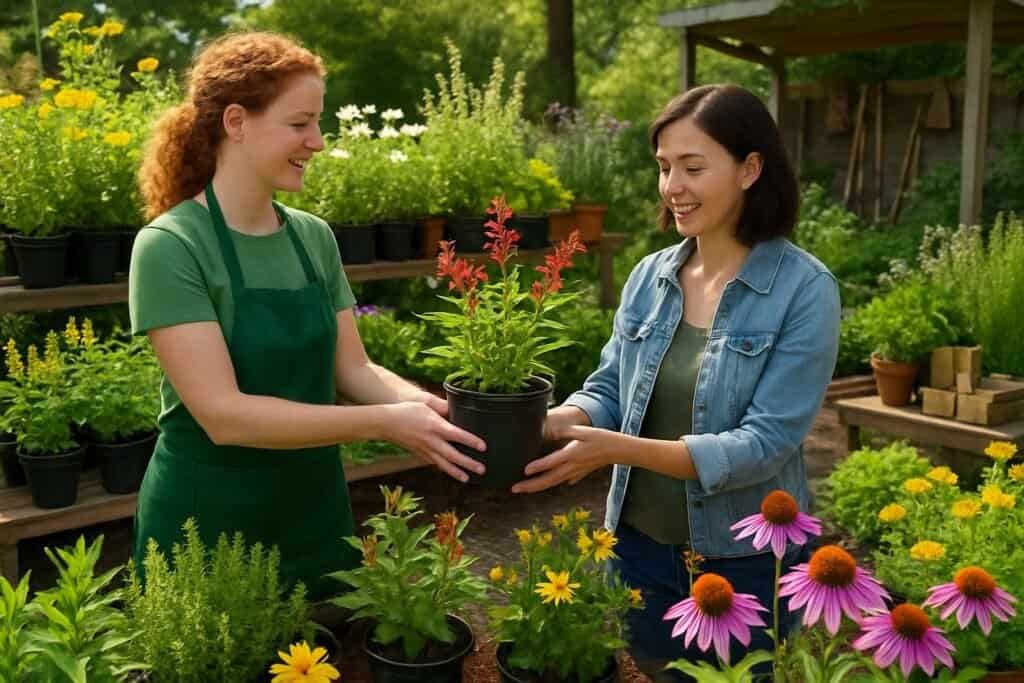 A customer selecting native plants at an outdoor garden center with a staff member assisting.