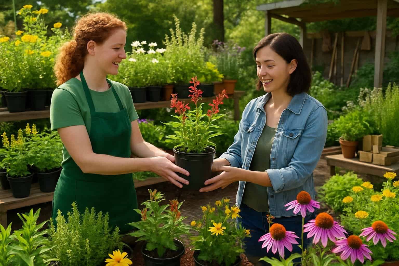 Where to Buy Native Plants Near Me: Local Nurseries and Garden Centers Guide 1 A customer selecting native plants at an outdoor garden center with a staff member assisting.