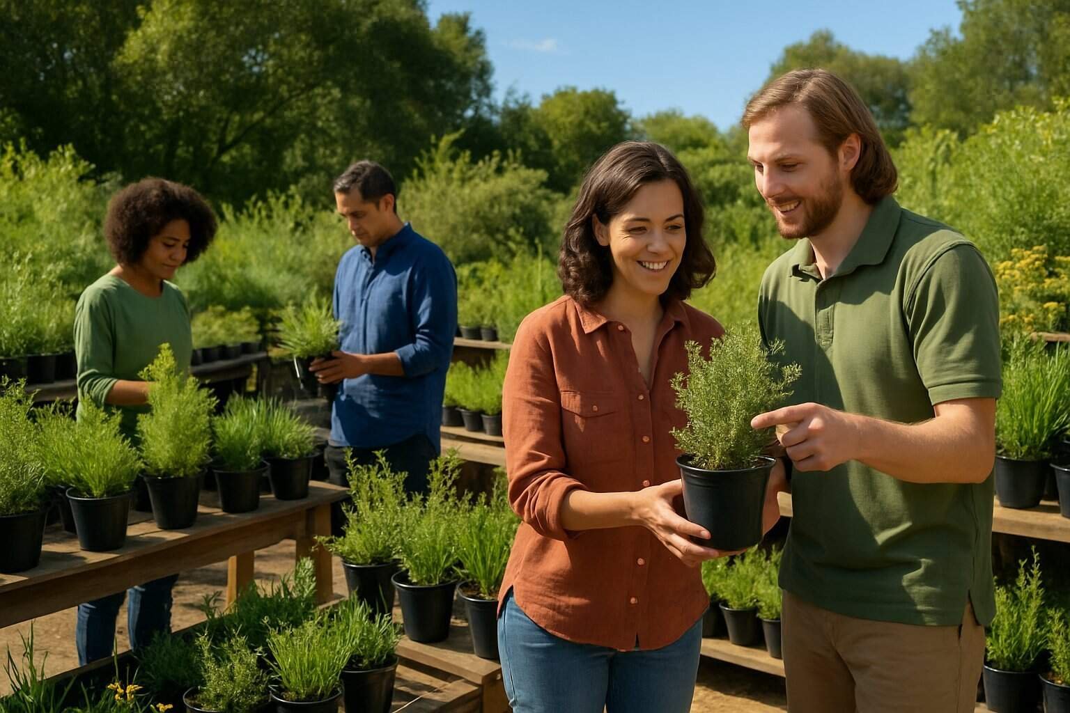 Where to Buy Native Plants Near Me: Local Nurseries and Garden Centers Guide 2 People selecting native plants at an outdoor plant nursery with various potted plants displayed on tables under a clear sky.