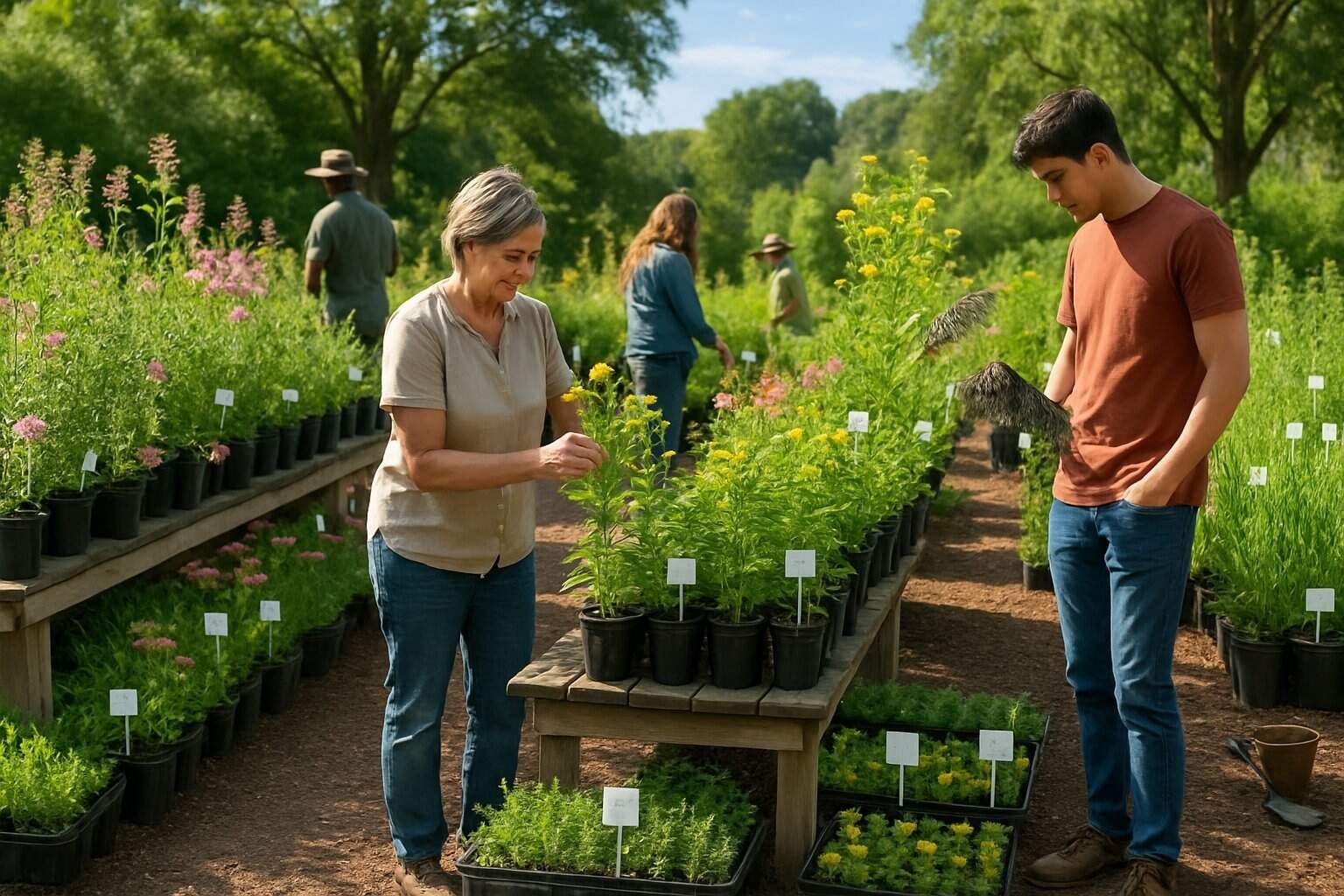 Where to Buy Native Plants Near Me: Local Nurseries and Garden Centers Guide 3 People browsing rows of native plants in pots at an outdoor plant nursery surrounded by trees and greenery.