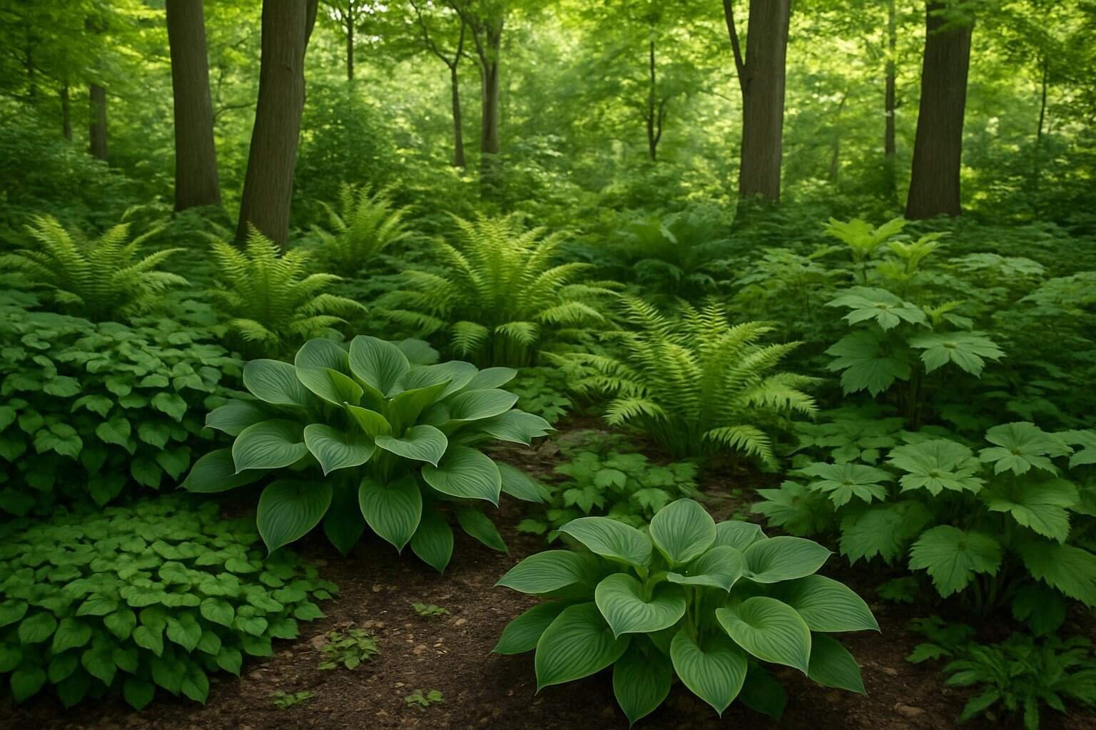 Native Shade Plants: Top Choices for Your Low-Light Garden 1 A shaded garden area filled with various native shade plants under tall trees.