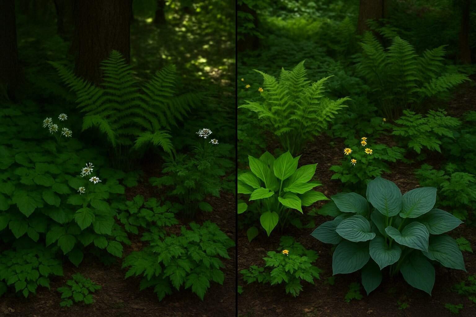 Native Shade Plants: Top Choices for Your Low-Light Garden 2 A variety of native shade plants growing under different lighting conditions including deep shade, dappled sunlight, partial shade, and full shade in a natural woodland and garden setting.