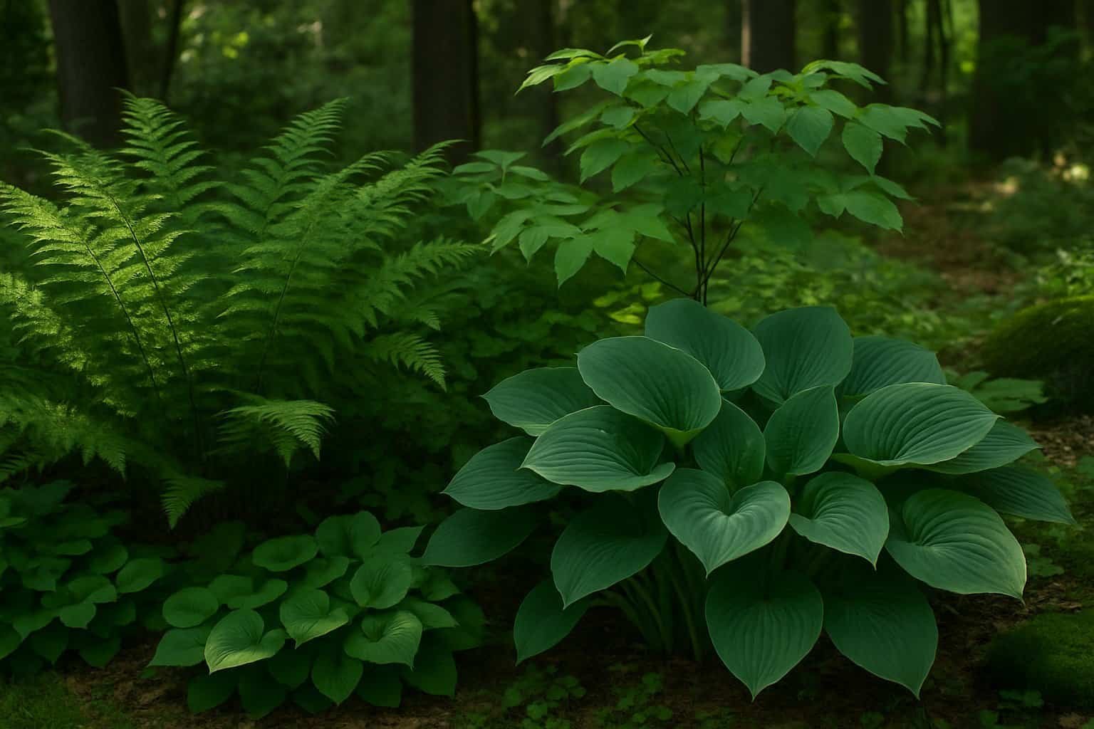 Native Shade Plants: Top Choices for Your Low-Light Garden 3 A variety of native shade plants with green leaves growing under tall trees in a shaded forest area.