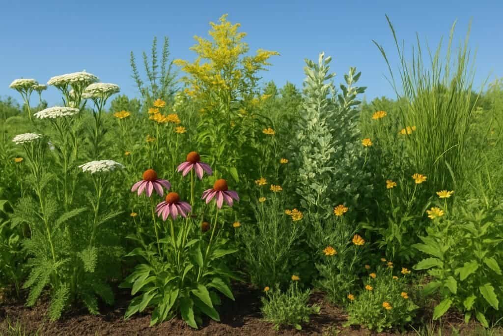A sunlit meadow with various native plants, including flowering shrubs and grasses, growing naturally under a clear blue sky.