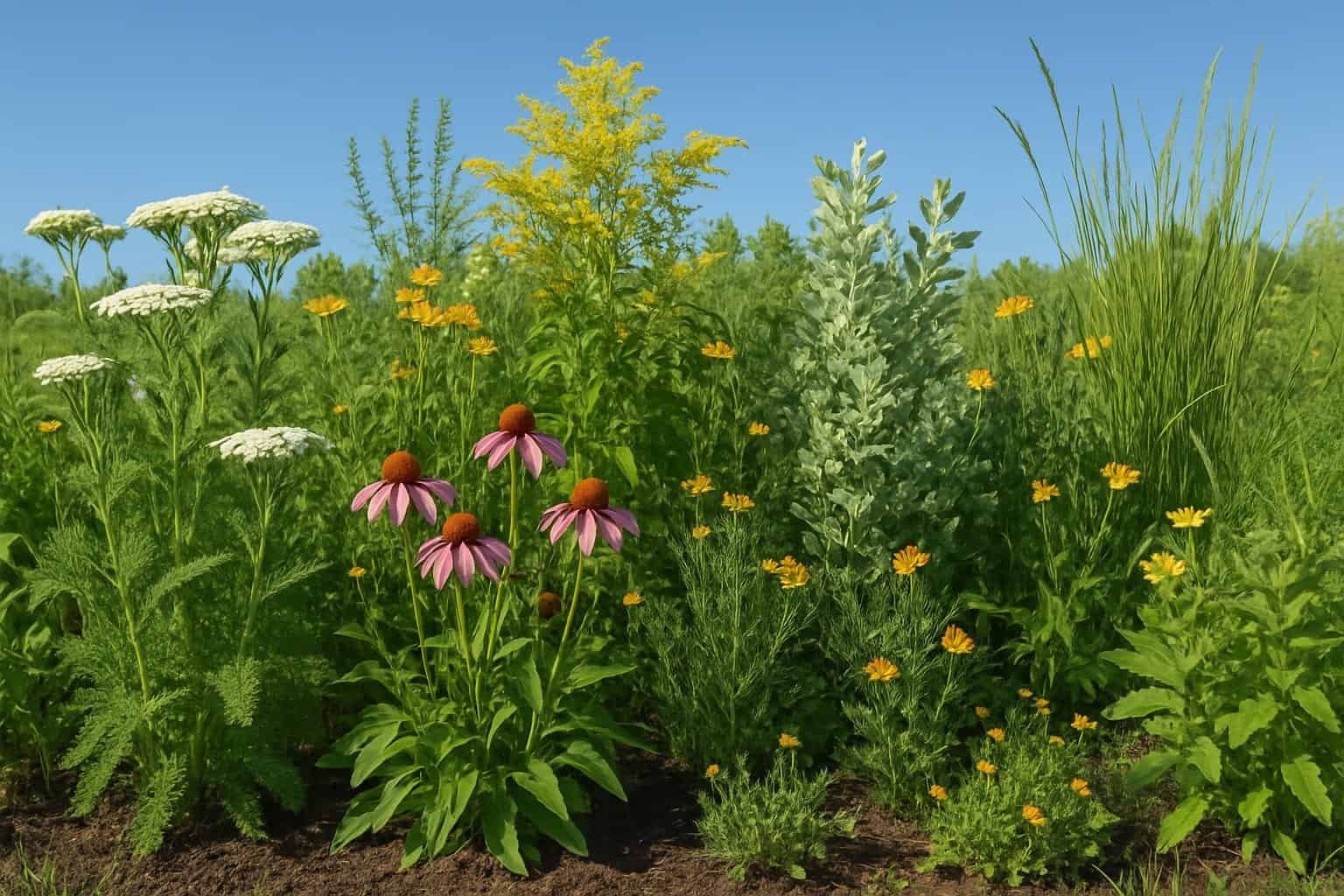 What Is a Native Plant: Understanding Local Ecological Adaptations 1 A sunlit meadow with various native plants, including flowering shrubs and grasses, growing naturally under a clear blue sky.