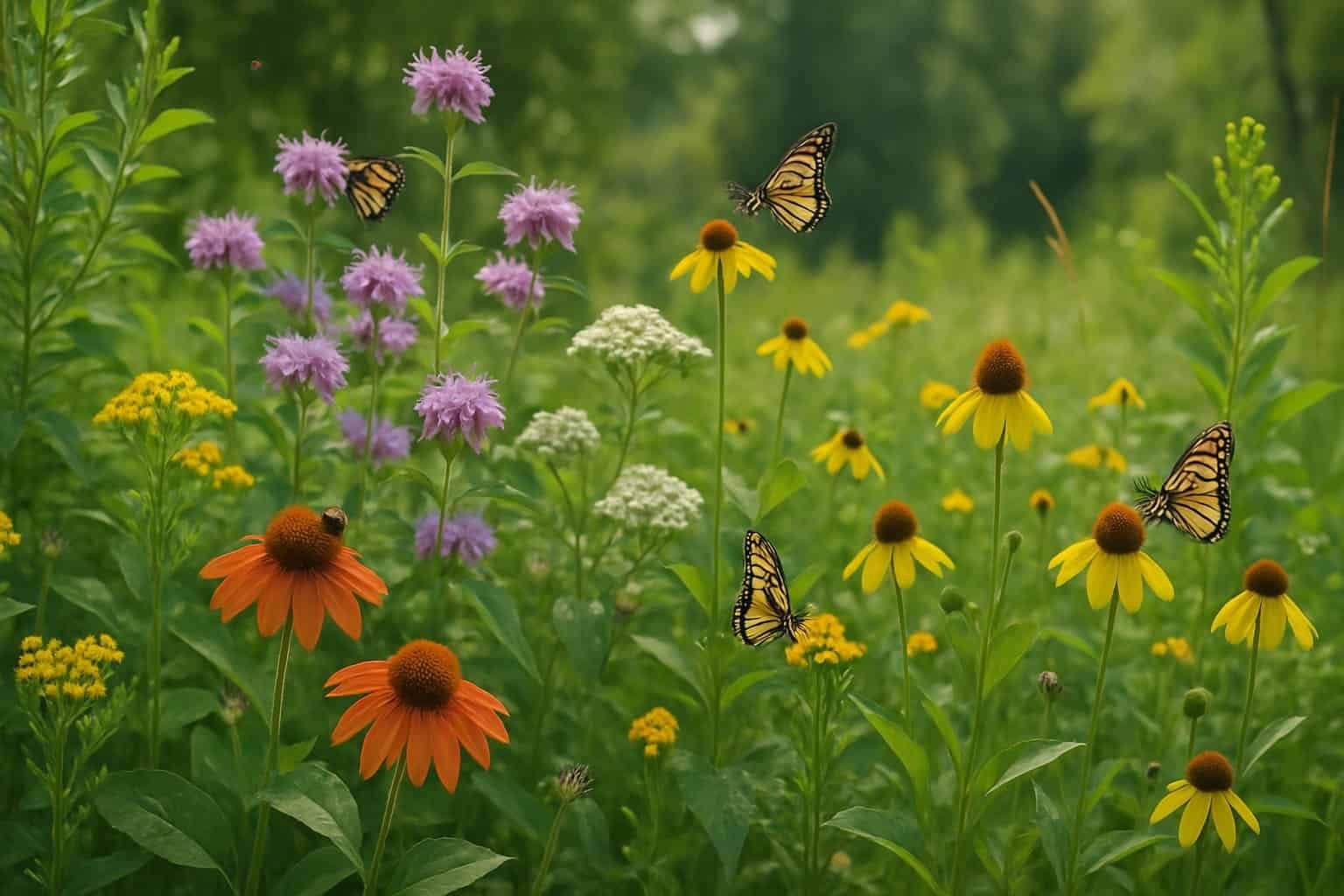 What Is a Native Plant: Understanding Local Ecological Adaptations 2 A variety of native plants with green leaves and colorful flowers in a natural meadow, with bees and butterflies visiting the plants.