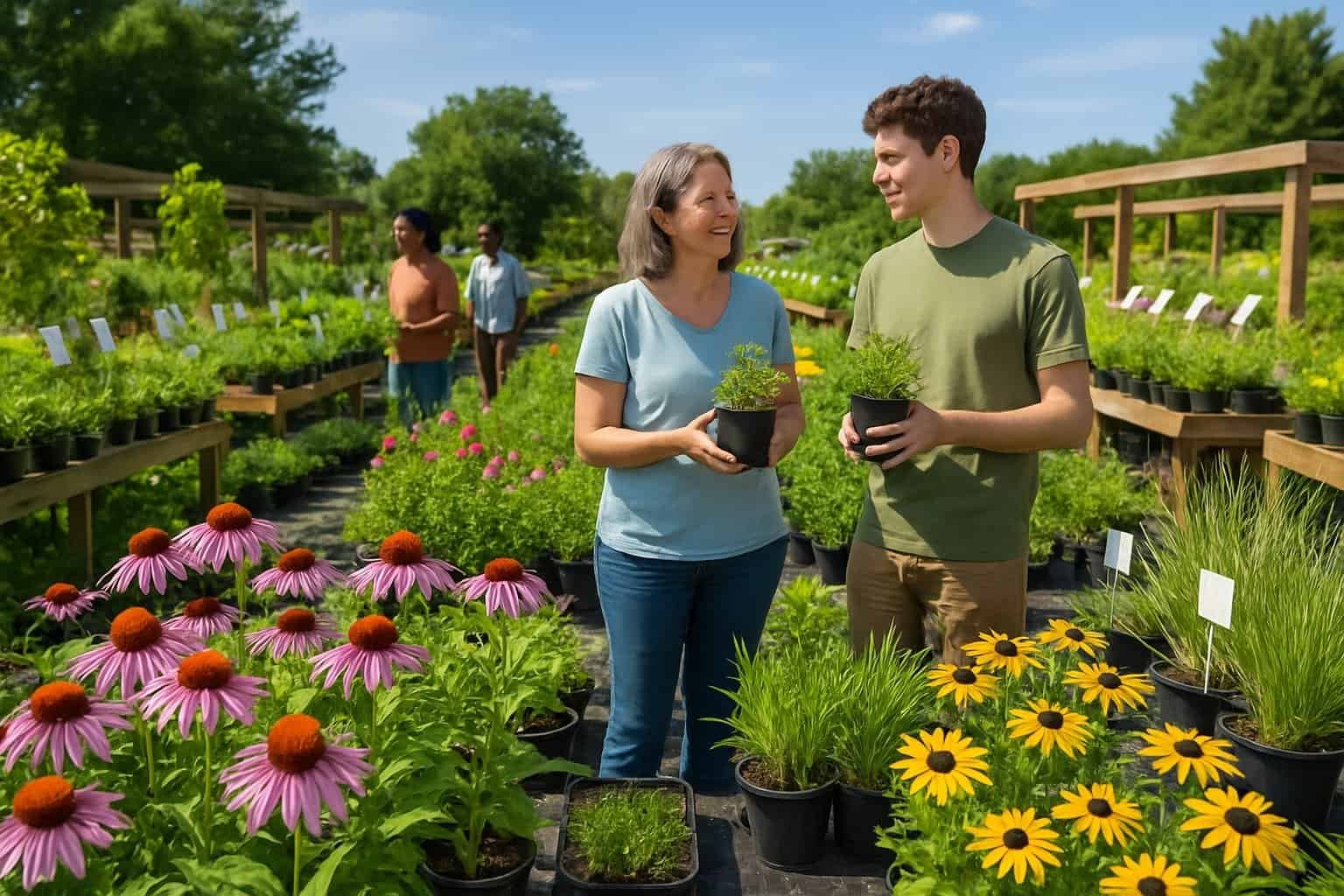 Where to Buy Indiana Native Plants: A Comprehensive Guide to Local Nurseries and Garden Centers 1 People browsing and selecting native Indiana plants at a sunny outdoor plant nursery with rows of colorful flowers and greenery.