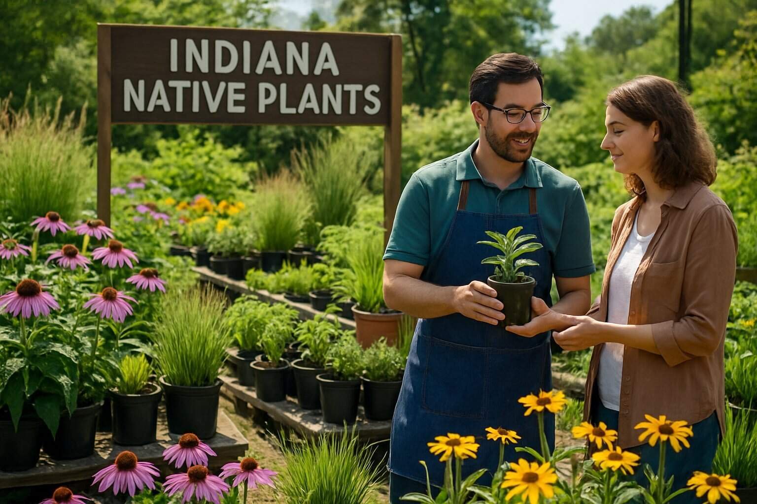 Where to Buy Indiana Native Plants: A Comprehensive Guide to Local Nurseries and Garden Centers 2 A garden center with various Indiana native plants in pots and a person helping a customer select plants.