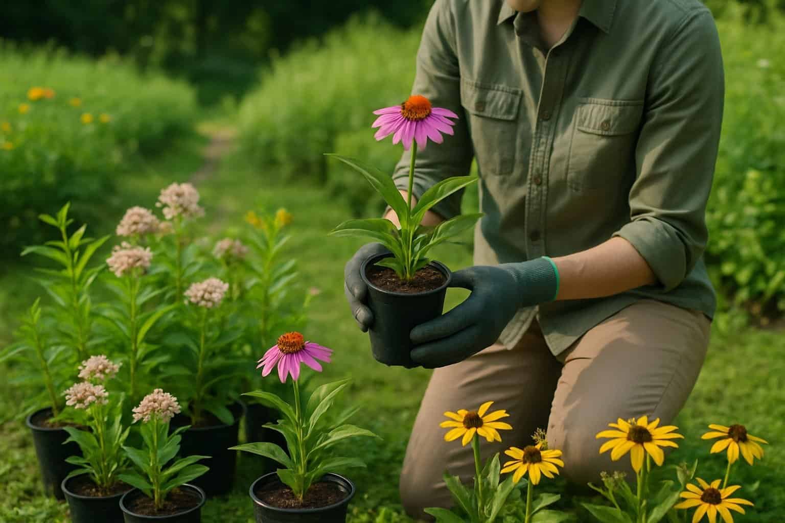Where to Buy Indiana Native Plants: A Comprehensive Guide to Local Nurseries and Garden Centers 3 A person outdoors examining potted native plants in a garden or nursery surrounded by various green plants and flowers.