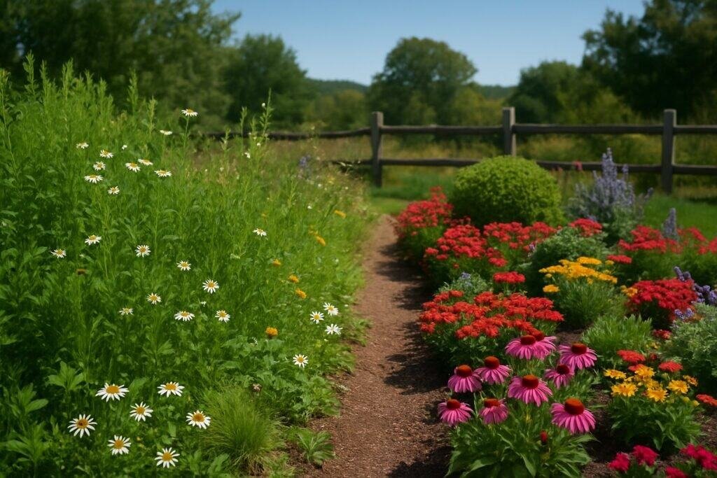 A garden divided into two sections showing native plants on one side and non-native plants on the other side under a clear sky.