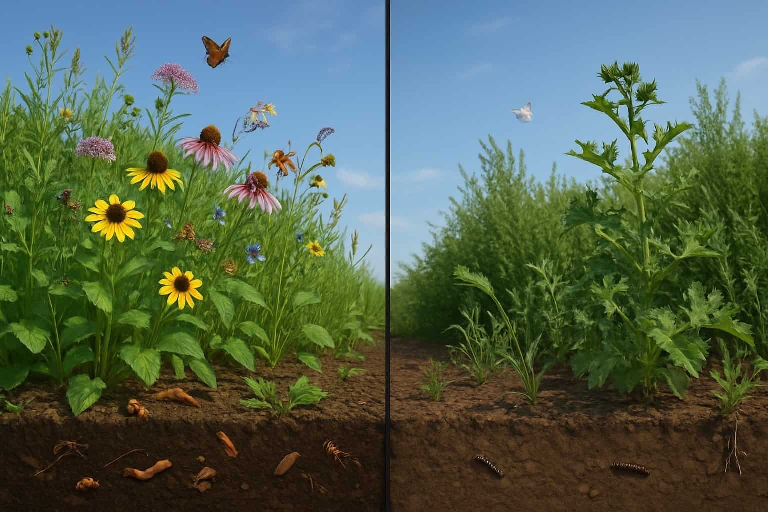 Native vs Non-Native Plants: Understanding the Ecological Impact and Benefits 2 A natural landscape divided into two parts showing healthy native plants with pollinators on one side and less diverse non-native plants on the other.