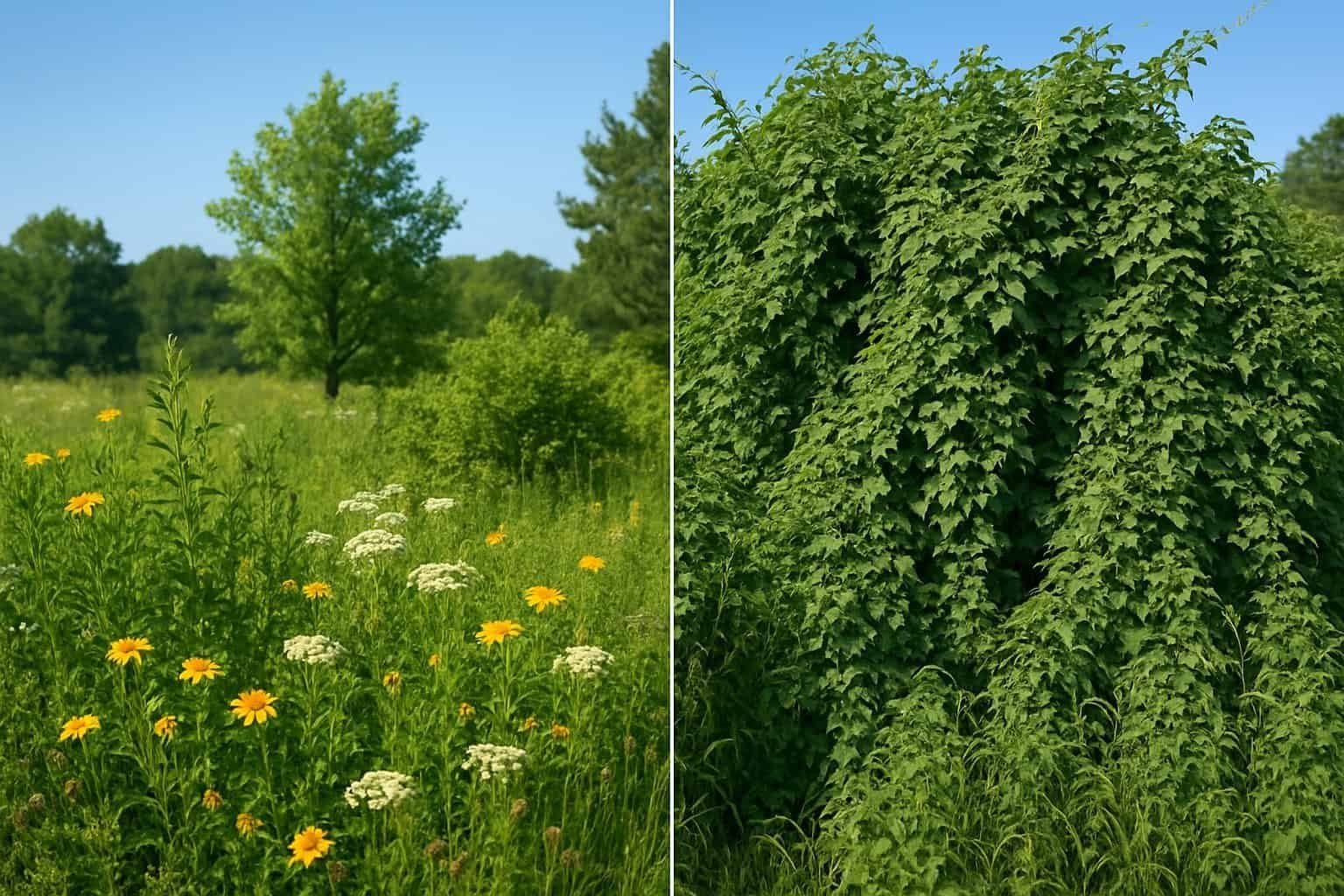 Native vs Non-Native Plants: Understanding the Ecological Impact and Benefits 3 A natural scene split into two halves showing healthy native plants on one side and dense invasive non-native plants crowding the other side.