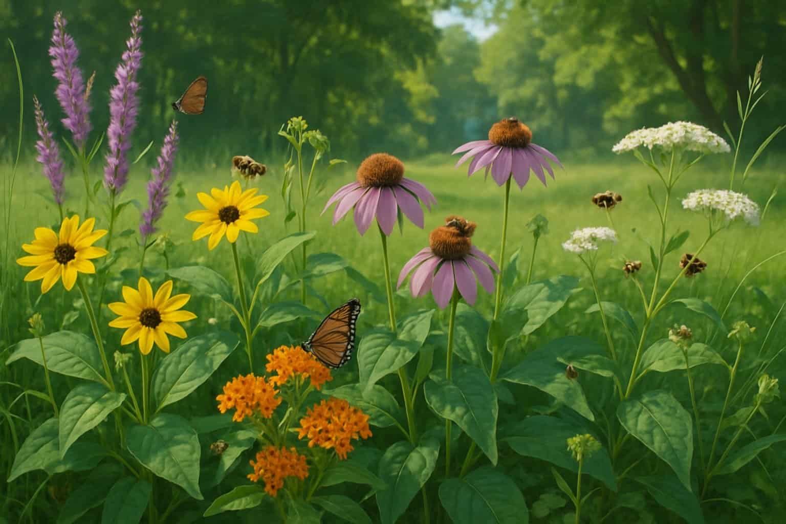 Why Are Native Plants Important for Biodiversity and Ecosystem Health 1 A cluster of native plants with flowers and green leaves in a sunlit meadow, with bees and butterflies visiting the plants.