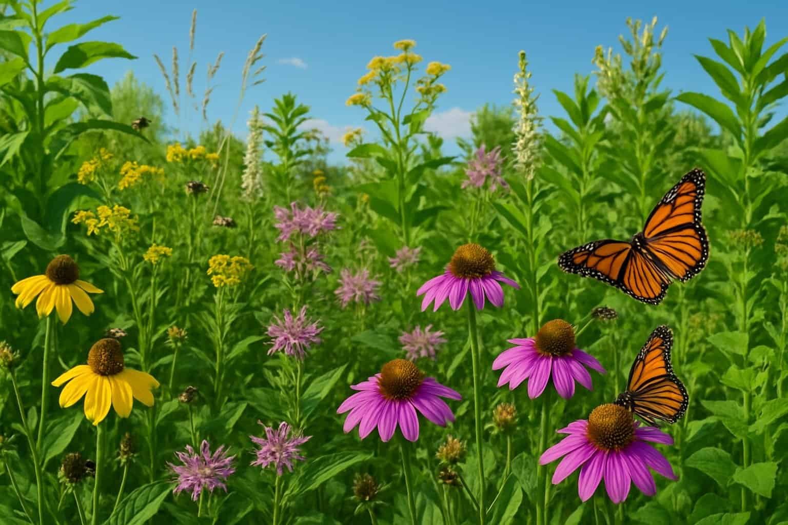 Why Are Native Plants Important for Biodiversity and Ecosystem Health 2 A natural scene showing diverse native plants with flowers and pollinators like bees and butterflies under a clear sky.