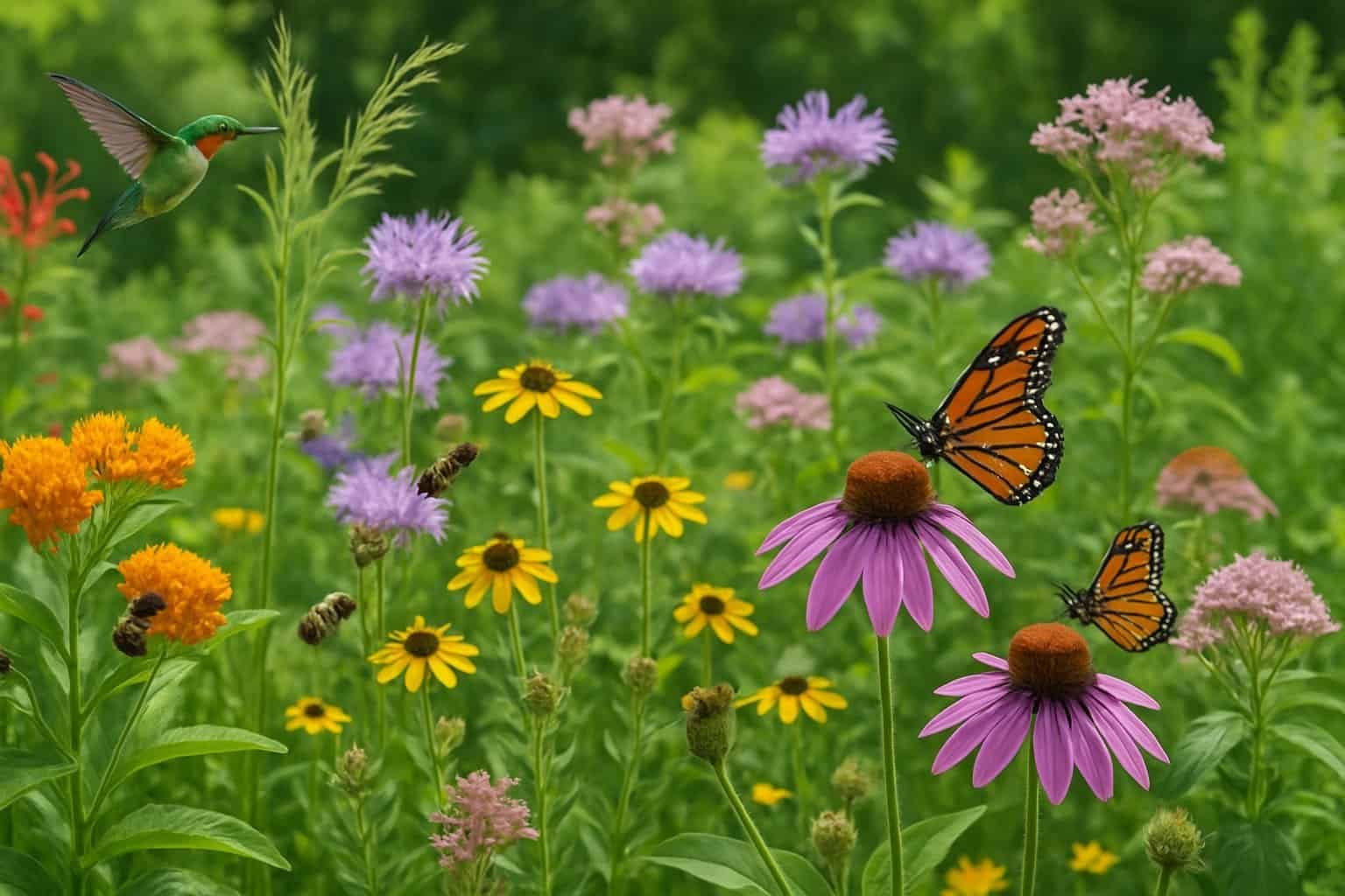Why Are Native Plants Important for Biodiversity and Ecosystem Health 3 A garden with native plants blooming and various pollinators like bees and butterflies visiting the flowers.