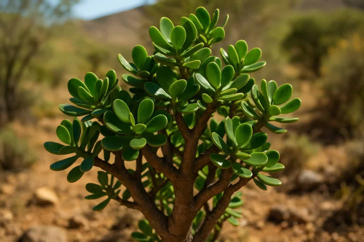 Where Are Jade Plants Native To: Origins in South Africa and Mozambique 1 Close-up of a healthy jade plant with thick green leaves growing in a warm, rocky, subtropical landscape.